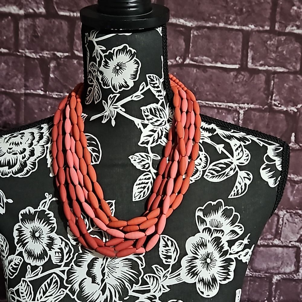 Coral 🎄 Pink Multi Strand Beaded Necklace with Clear Rhinestone